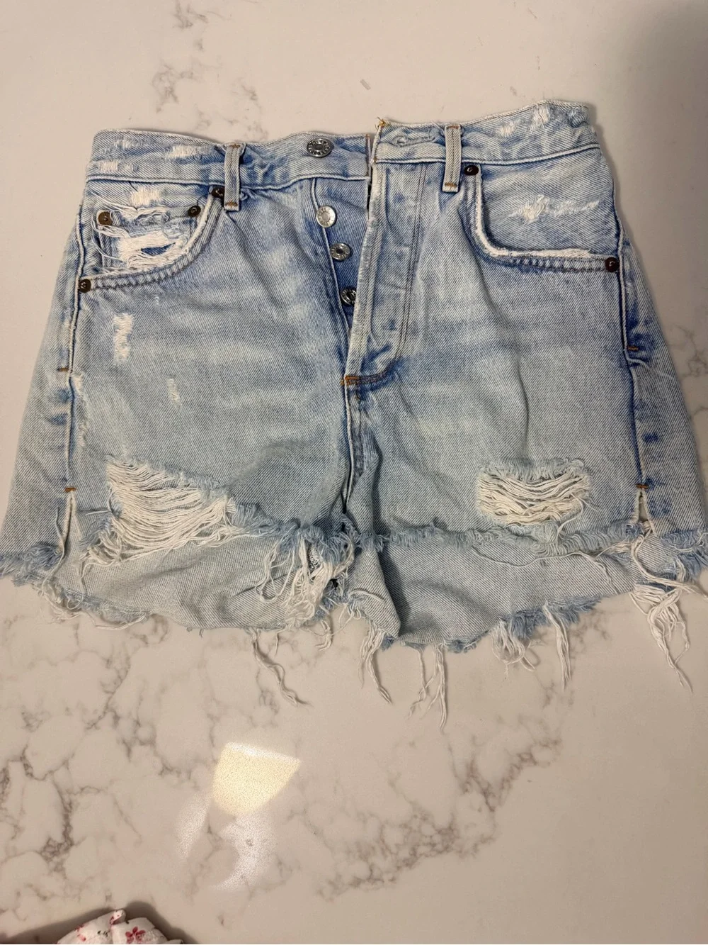 Agolde Light Blue High-Rise Distressed Denim Shorts